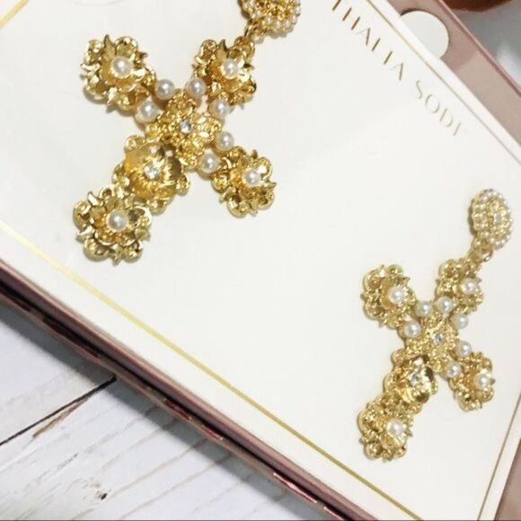 THALIA SODI Gold Statement Baroque Cross Pearl Earrings - Picture 3 of 4